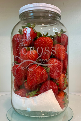 Gallon-Size Mason Jar etched with The Cross Legacy filled with fresh strawberries.