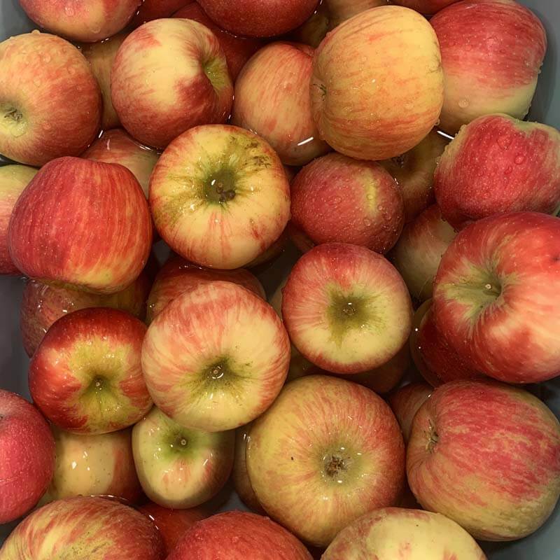 whole apples soaking in a mixture of water and distilled white vinegar