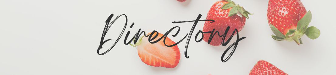Fresh sliced and whole strawberries with the word "Directory" overlaid. Website Page Header Graphic for Directory Page.