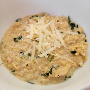 bowl of lemon chicken orzo cooked